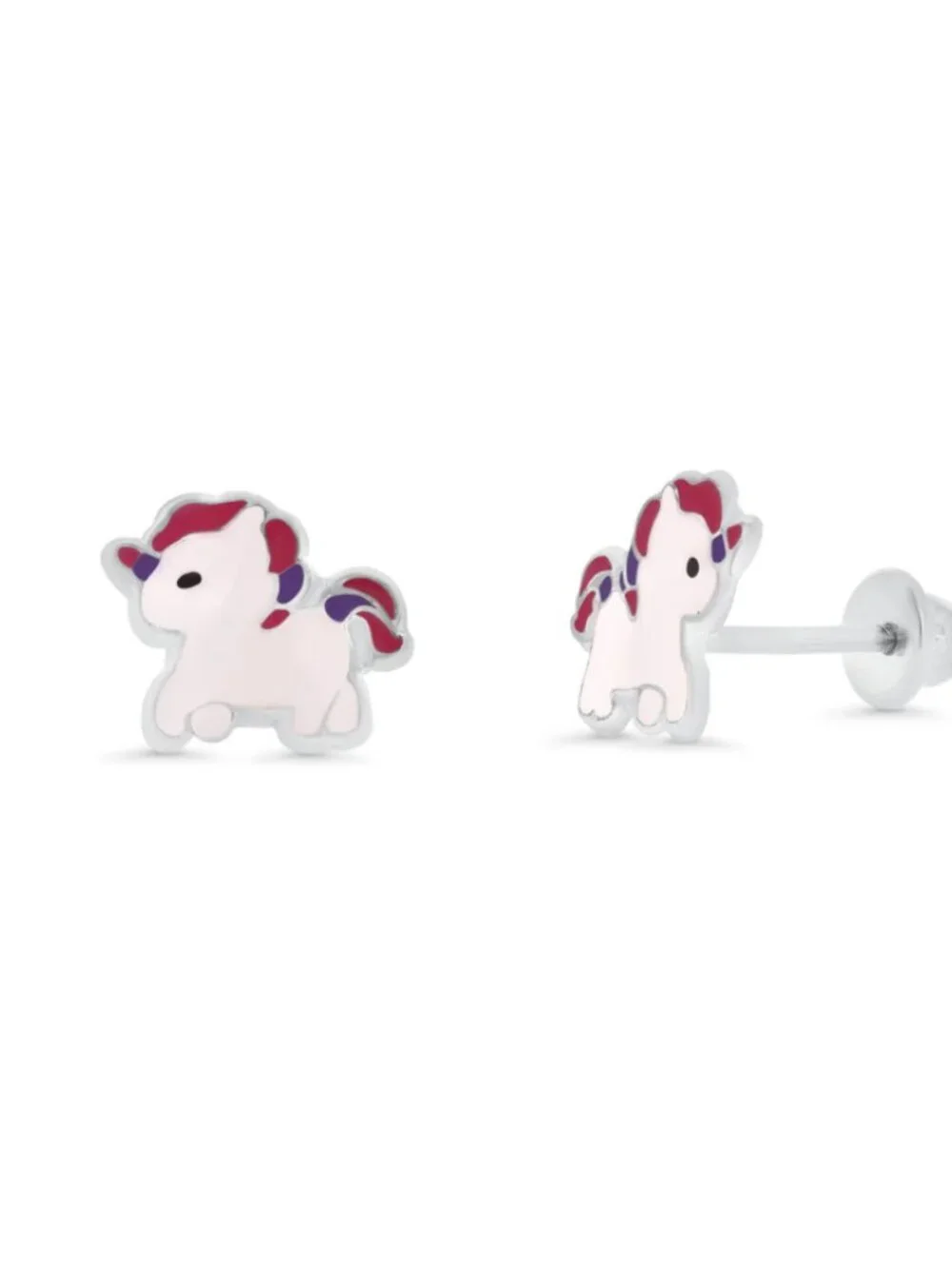 Sterling Silver 925 High Polished Colored Enamel Unicorn Pony Screw Stud Earring